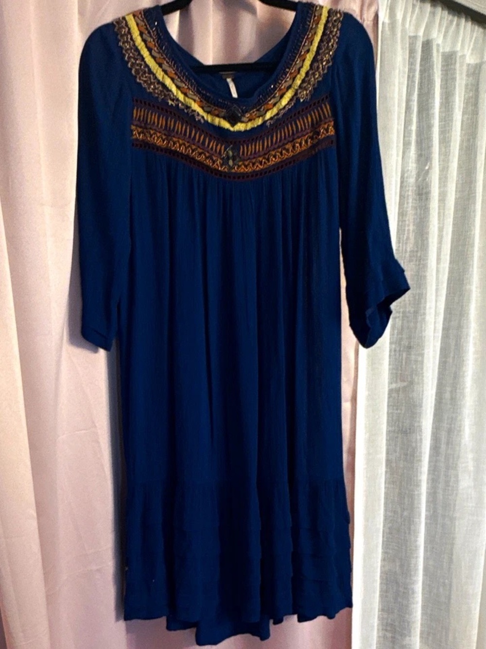 Free People Indigo Midi Dress with Yellow & Brown Embroidery